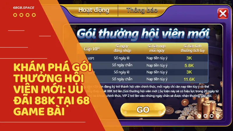Gói thưởng hội viên mới là bước đệm lý tưởng giúp người chơi bắt đầu hành trình tại 68 game bài một cách tự tin